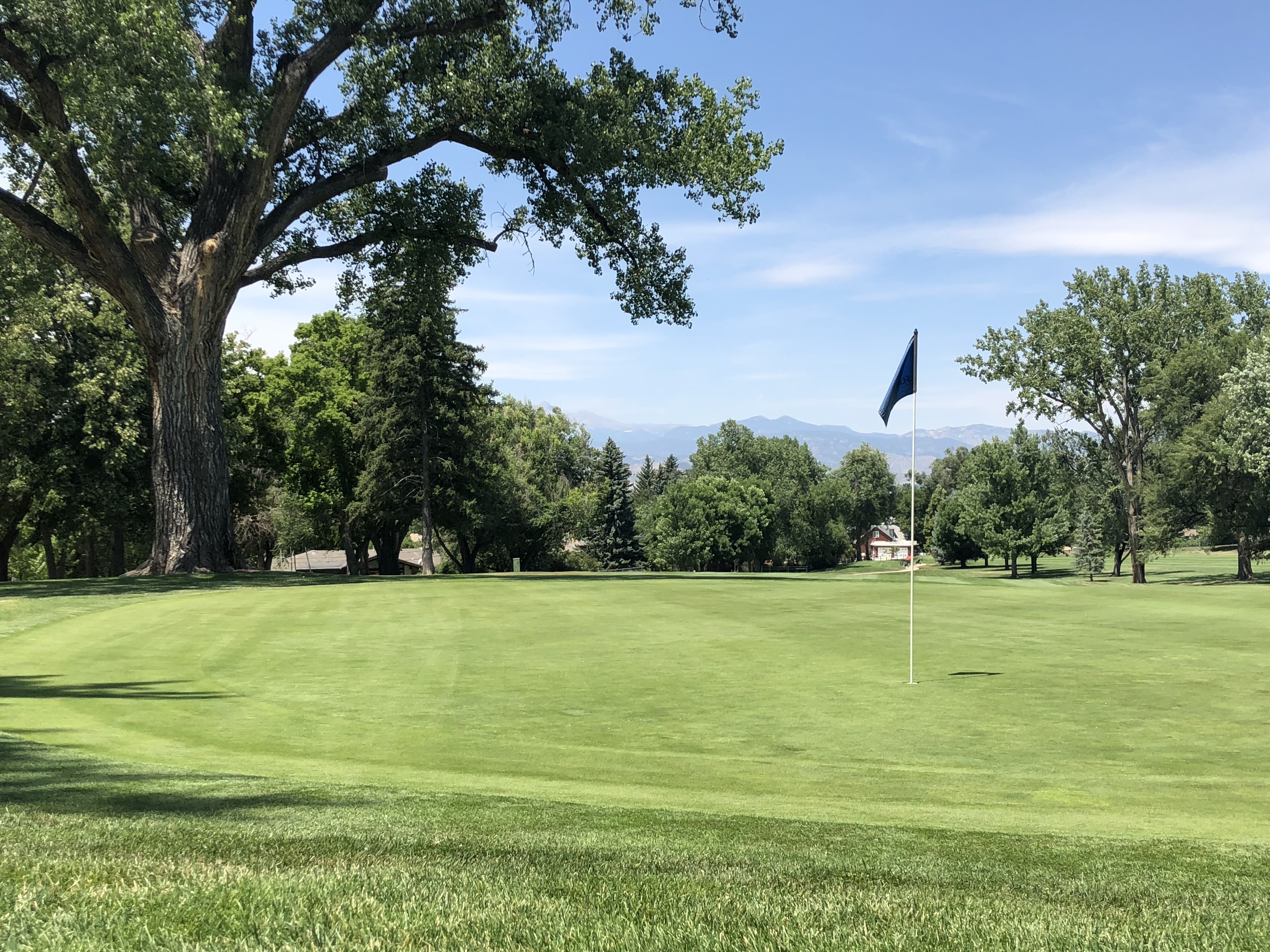 Golf course with flag and mountains in the background.