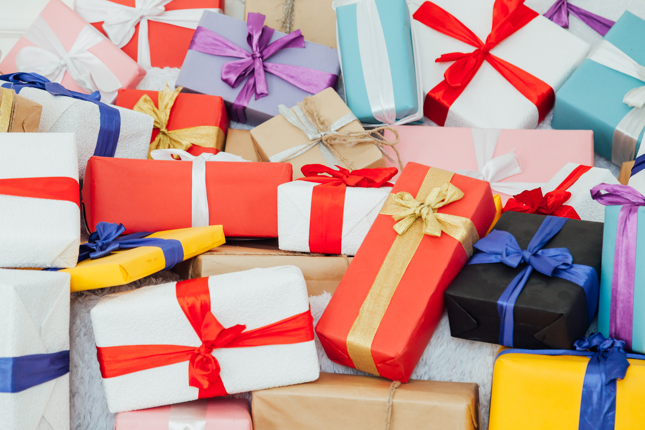 Pile of presents wrapped with ribbons