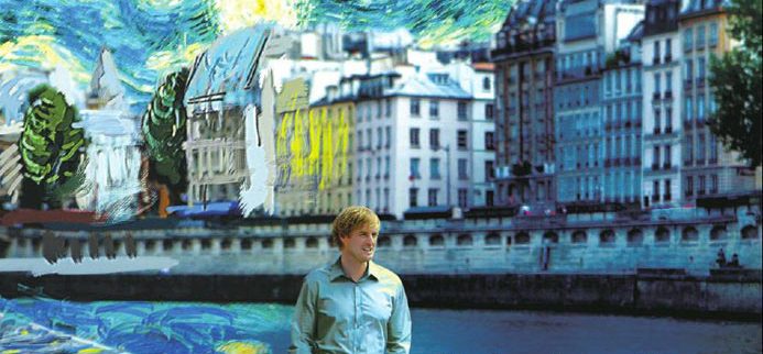 Film poster for Midnight in Paris, Owen Wilson against a Parisian river background