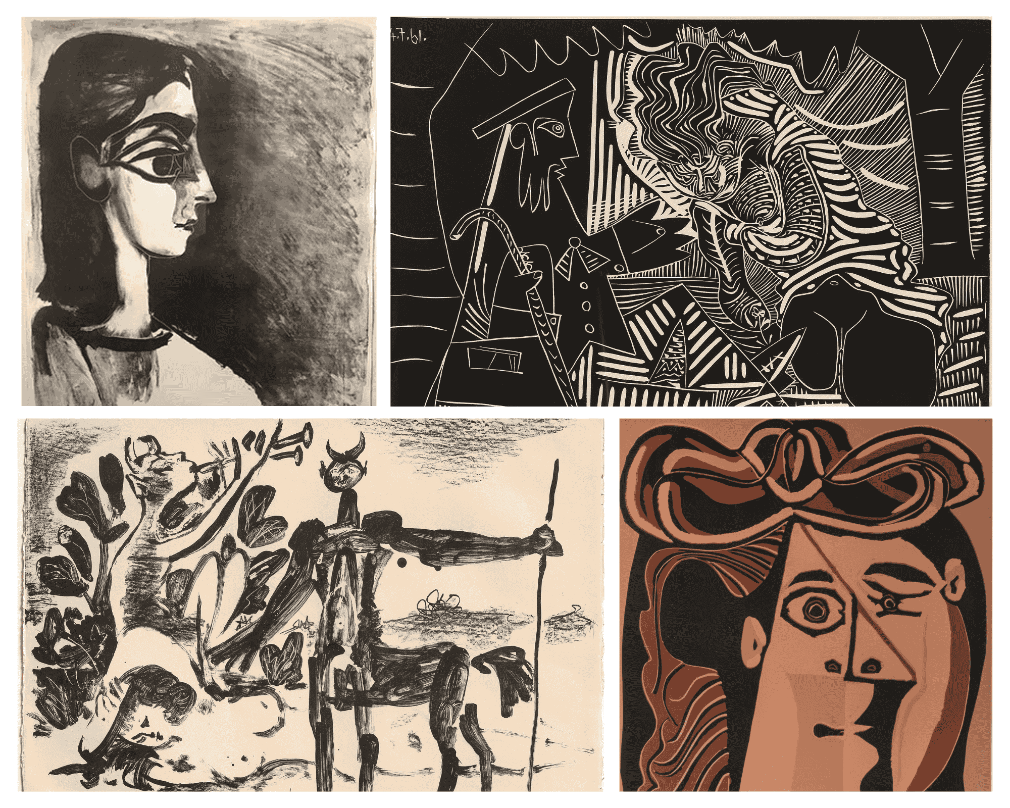 Four different works of art by Pablo Picasso featuring figures in black and white