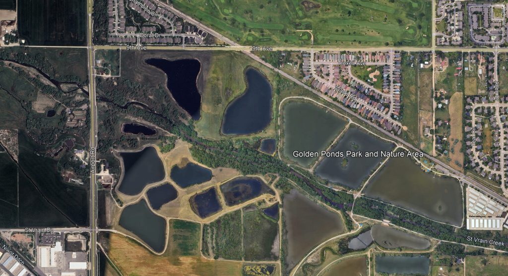 An aerial view of the future location of the St. Vrain Greenway, Phase 12 trail segment between Golden Ponds Nature Area and Airport Road.