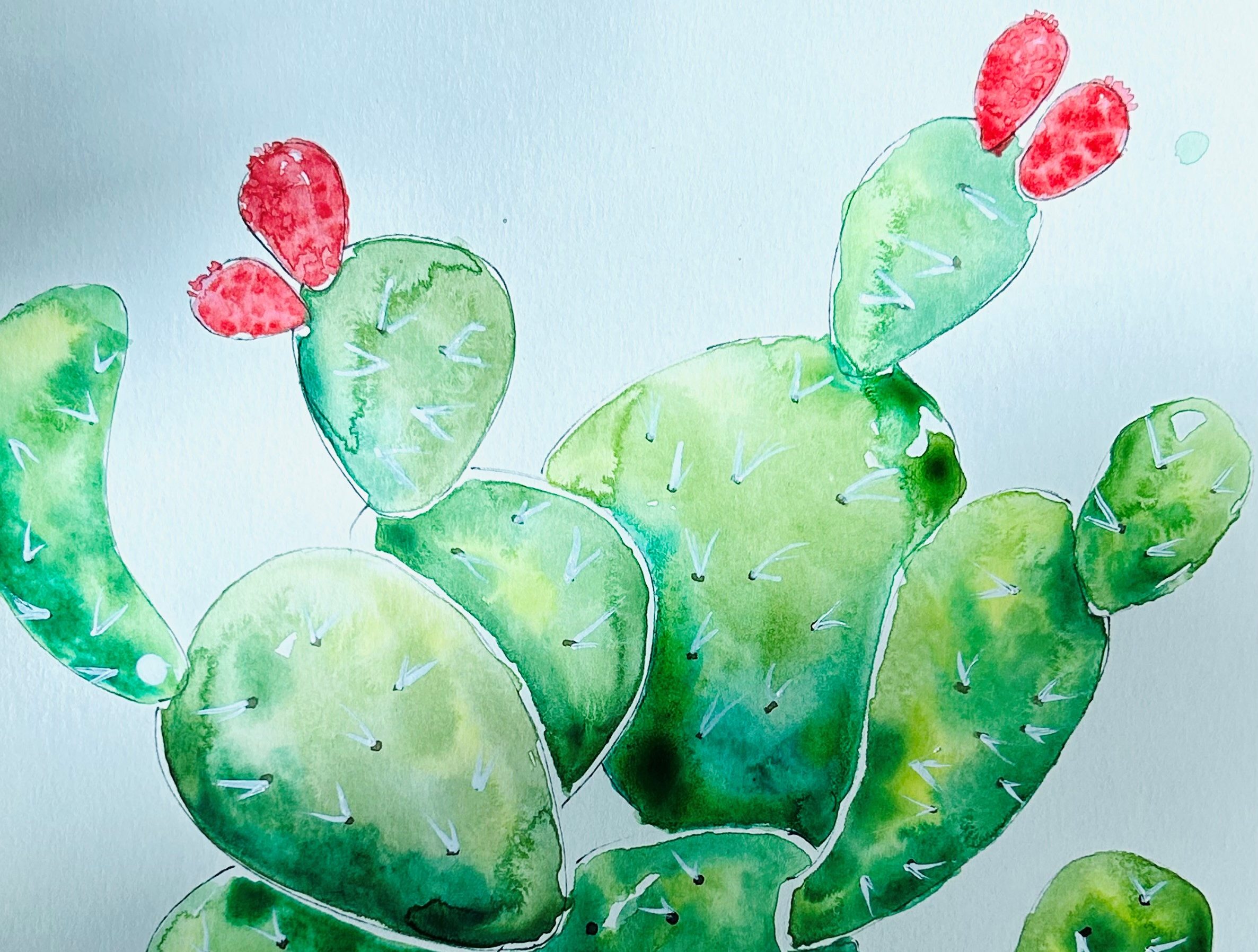 Watercolor cactus painting in green with some red and brown