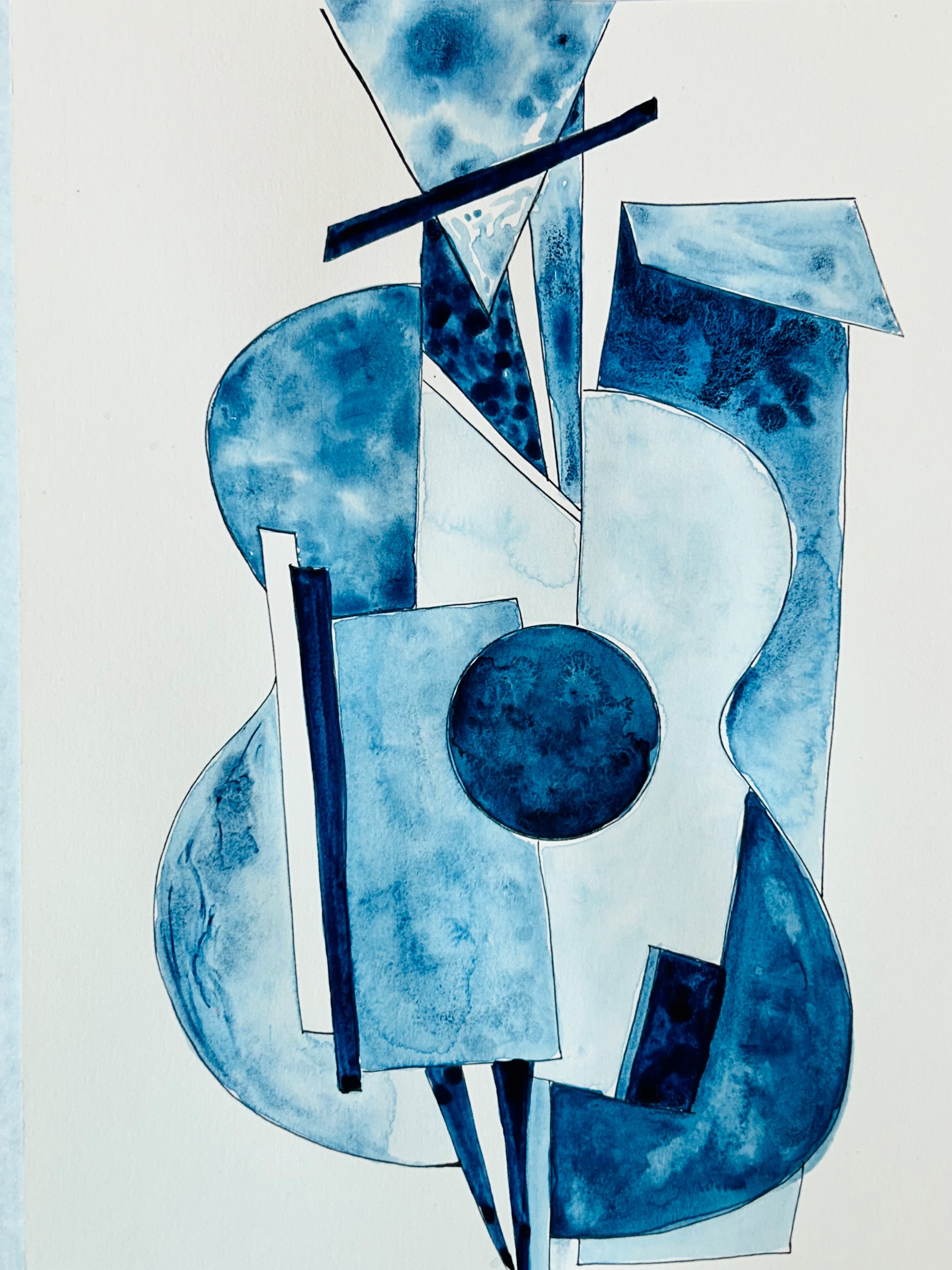 Blue guitar watercolor painting in Picasso style