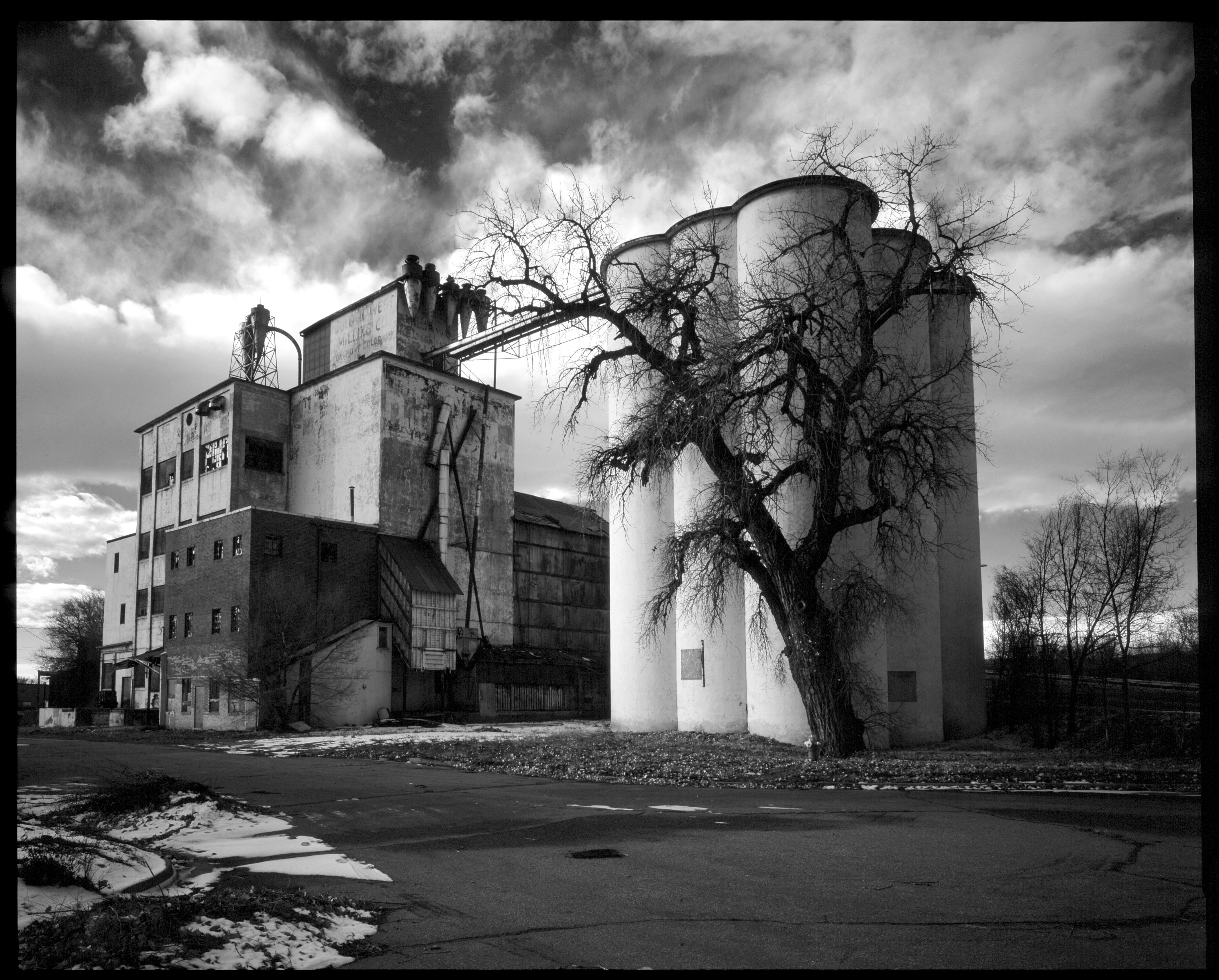 Black and white image of historic Longmont architecture