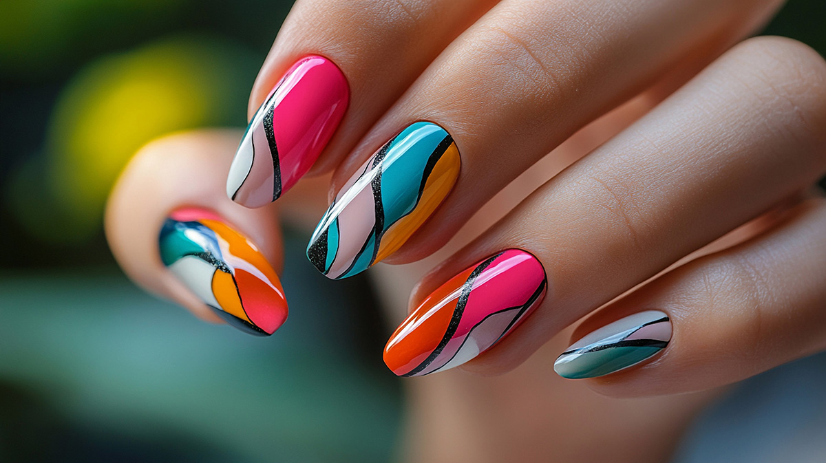 Someone's left hand displays some intricate and colorful nail art.