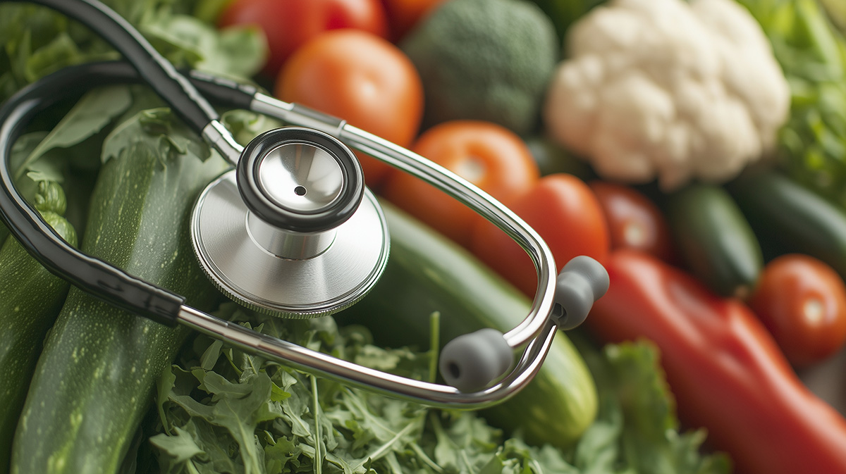 A stethoscope is placed on top of a pile of ripe vegetables