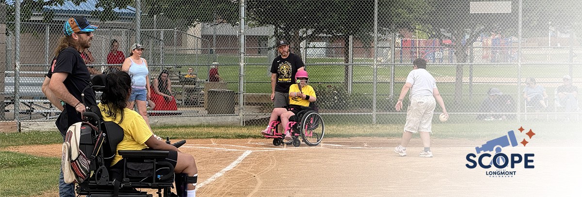 A unified softball player in a wheelchair prepares for the pitch. The SCOPE logo appears in the bottom right corner