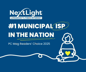 A blue background showing the NextLight logo and the words "#1 Municipal ISP in the Nation; PC Mag Readers Choice 2025." To the right of the text is an outline of a woman holding up a rectangle with a yellow heart on it.