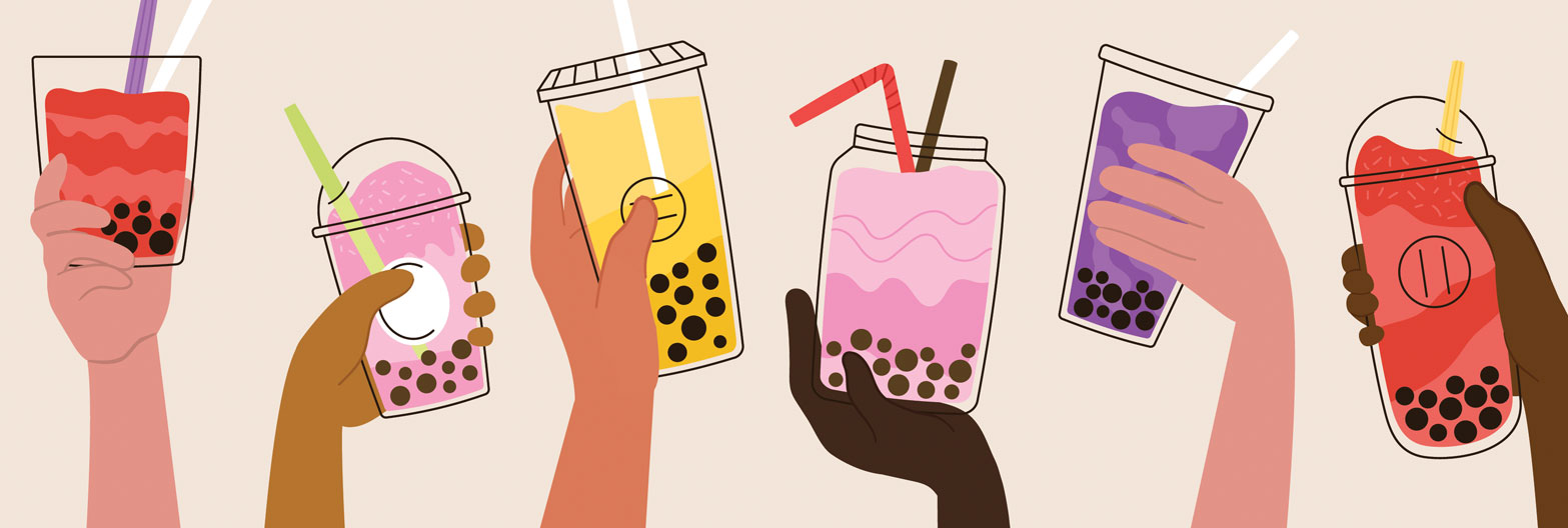 illustration of boba making and holding cups of boba
