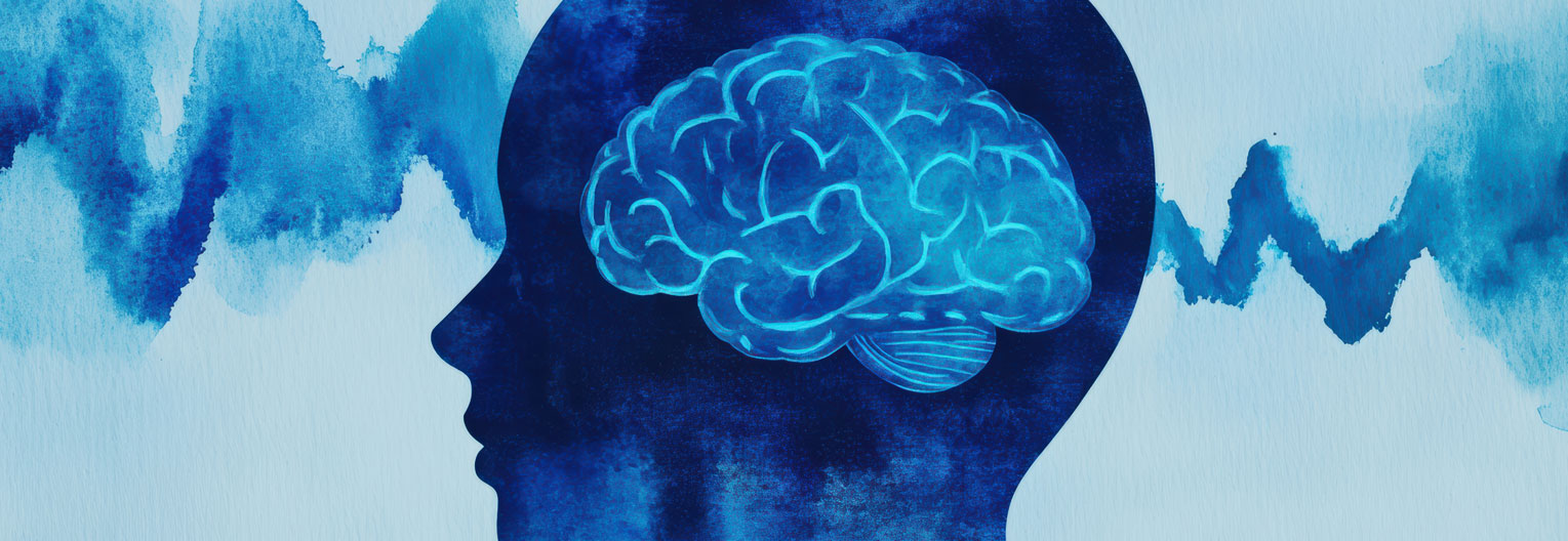 illustration of a brain and colorful brain waves illustrating mental activity