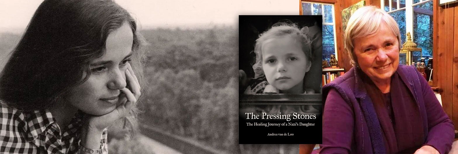 Author Pressing Stones book cover and pensive photo and authro speaking