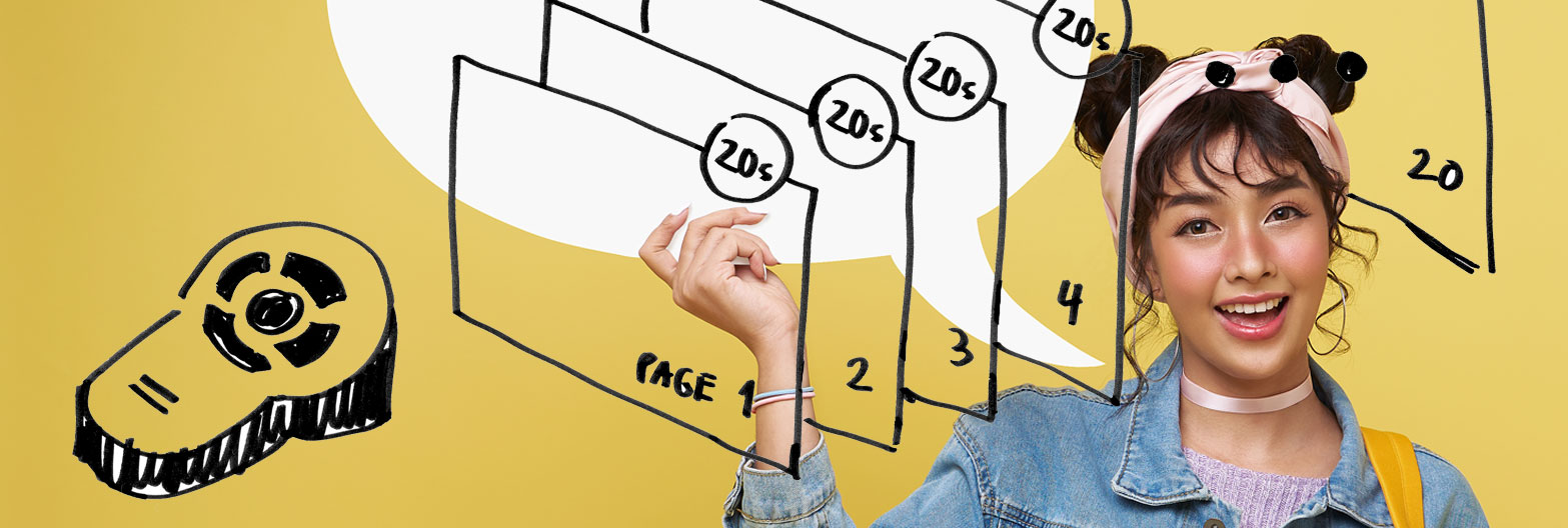 PechaKucha Presentation Night a teen about to present in a yellow background with a talking bubble above her head