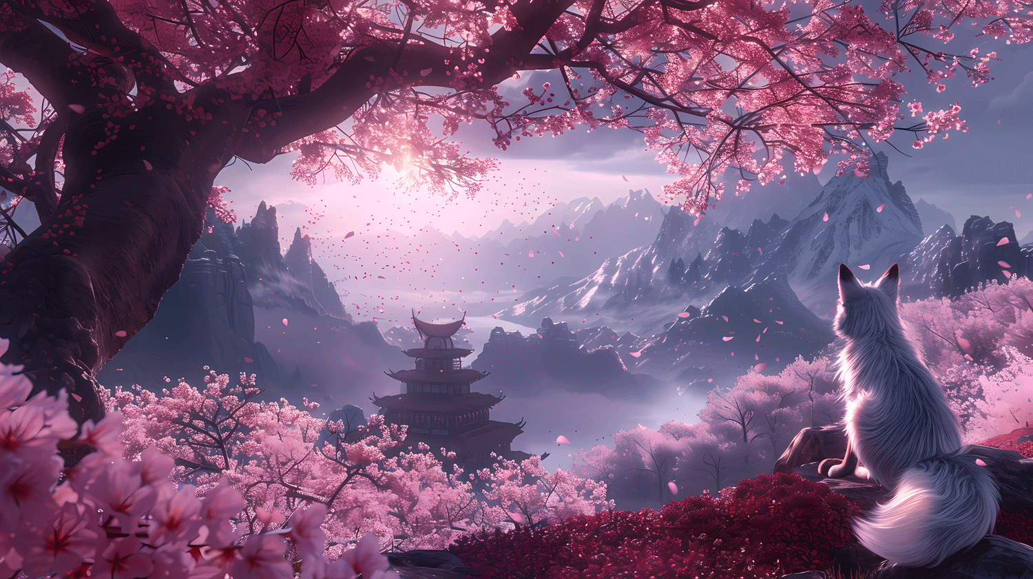 purple and pink illustration of a magical sunny setting and a kitsune creature looking into the distance