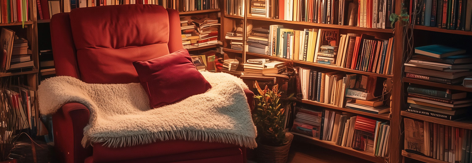 cozy chair in a library in dim light full of books on a shelf