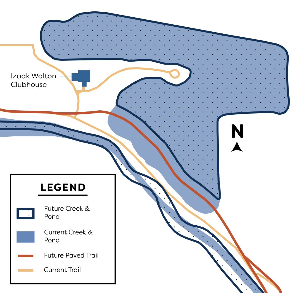 This illustration shows the future Izaak Walton Pond and St. Vrain Creek overlaid on top of the same area before construction began.