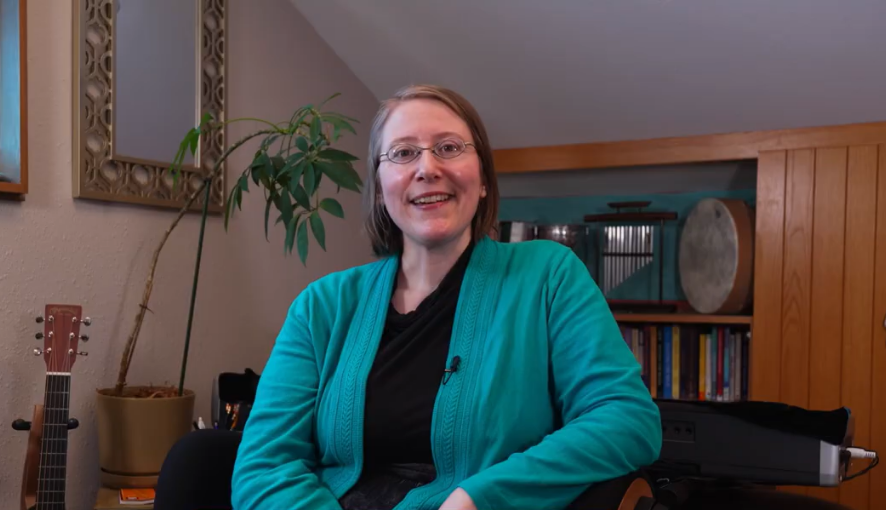 Faith Halverson-Ramos faces the camera from her office at Soundwell Music Therapy.