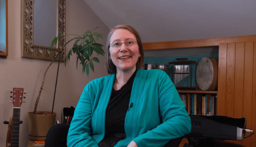 Faith Halverson-Ramos faces the camera from her office at Soundwell Music Therapy.