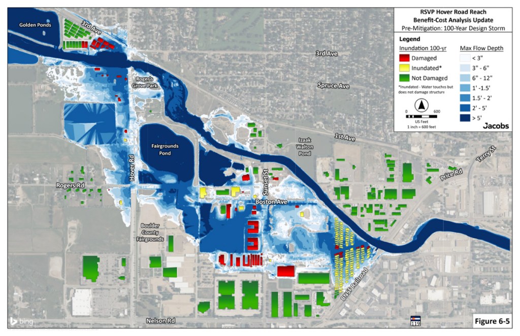 Map of the St. Vrain Creek before Hover Reach is constructed. In a 100-year storm event, water overflows the southern bank causing flooding to the southwest of the creek through Boulder County Fairgrounds.