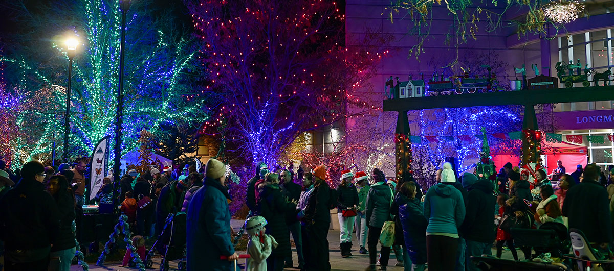 Holiday lights are on display on a winter night at the Longmont Library.