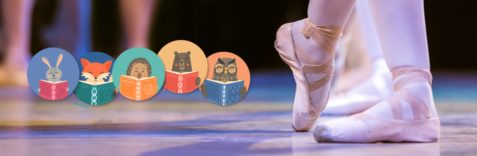 ballet slippers and dancers in the background with colorful storytime icons of animals reading