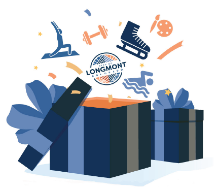 Longmont logo, blue and orange drawings of a gift, an ice skate, and a figure exercising