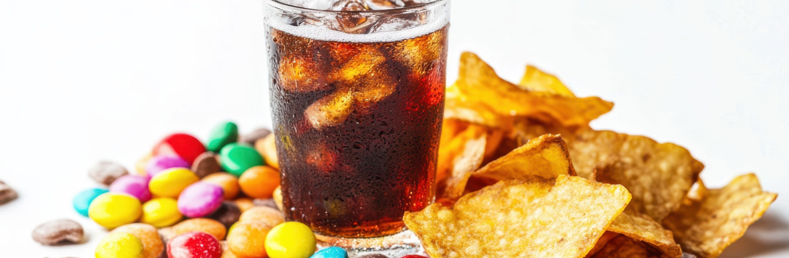 soda chips and candy on a white background