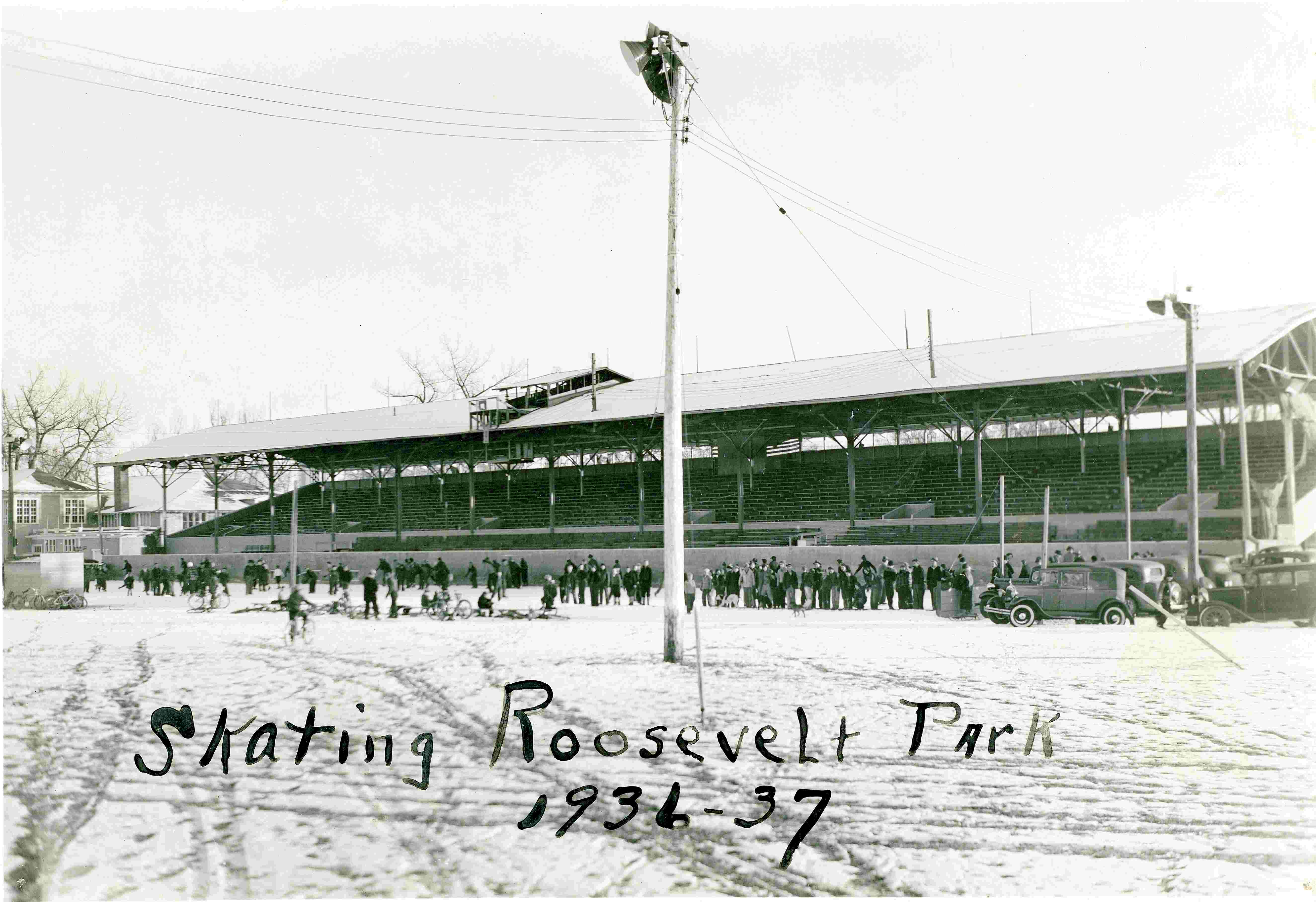 Historic black and white photo of people ice skating at Roosevelt Park