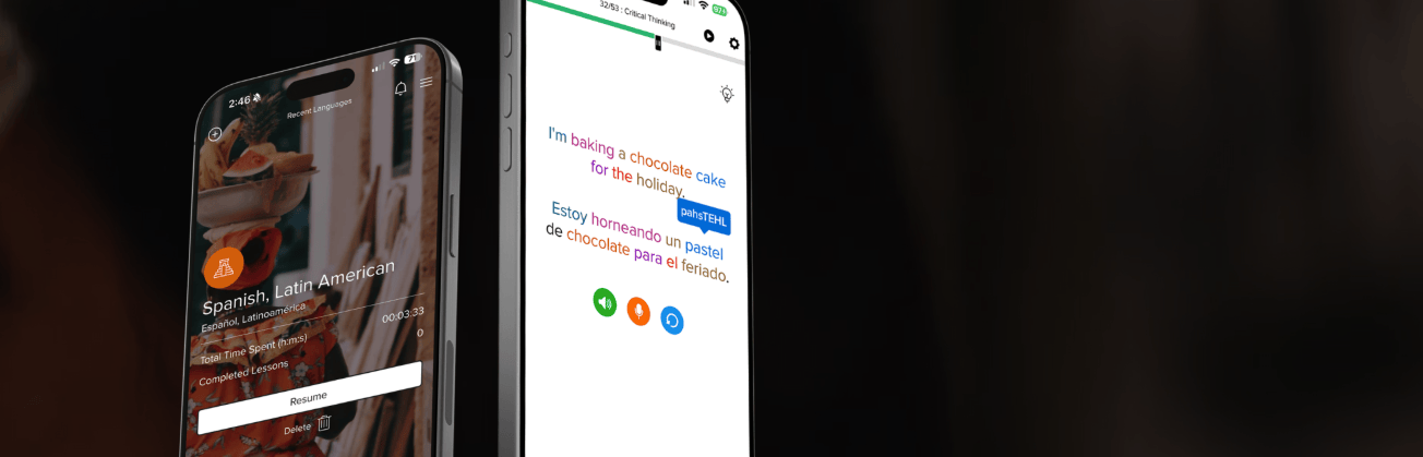 two cell phone screens displaying prompts from the software, in English and in Spanish