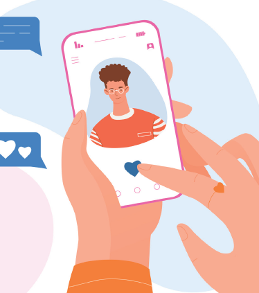 illustration of hands holding a cell phone displaying a male on a dating app with a heart on the phone