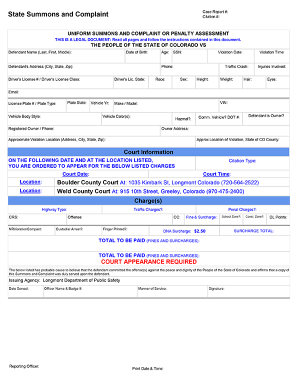 Weld and Boulder County State Traffic Citation