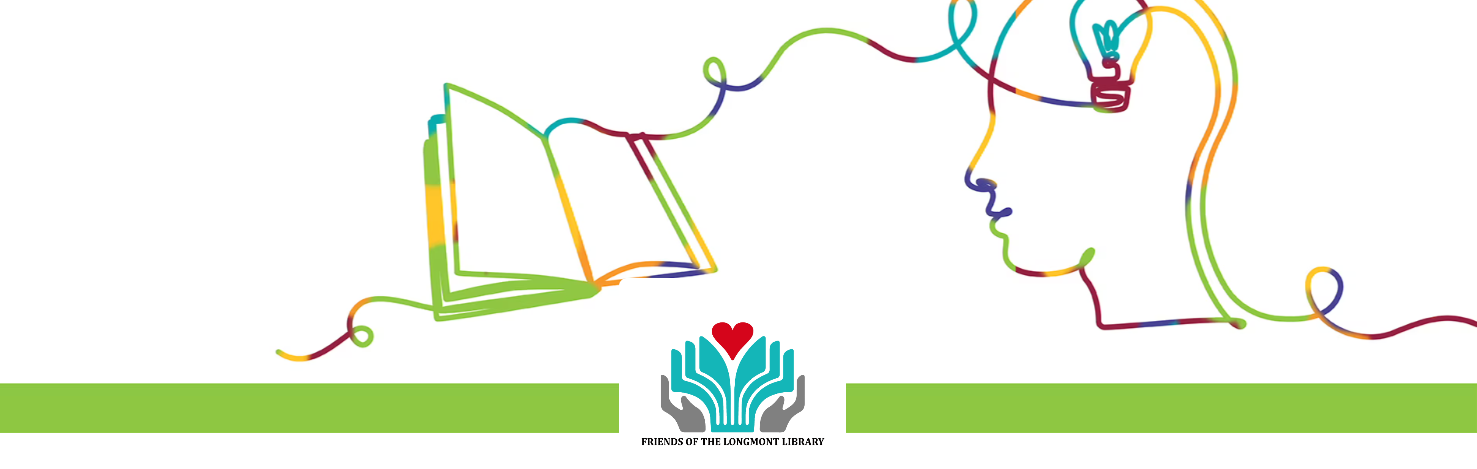 Line drawing of a person reading a book and the Friends of the Longmont Library logo.