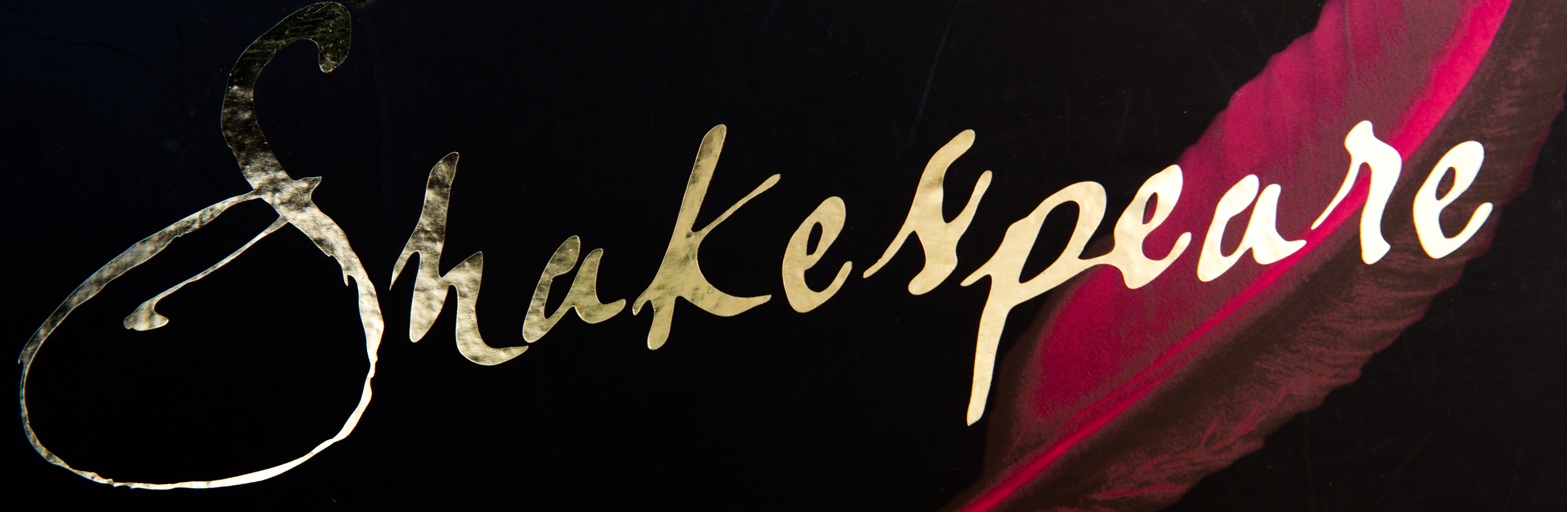 red feather on a black background with shakespeare written in gold cursive