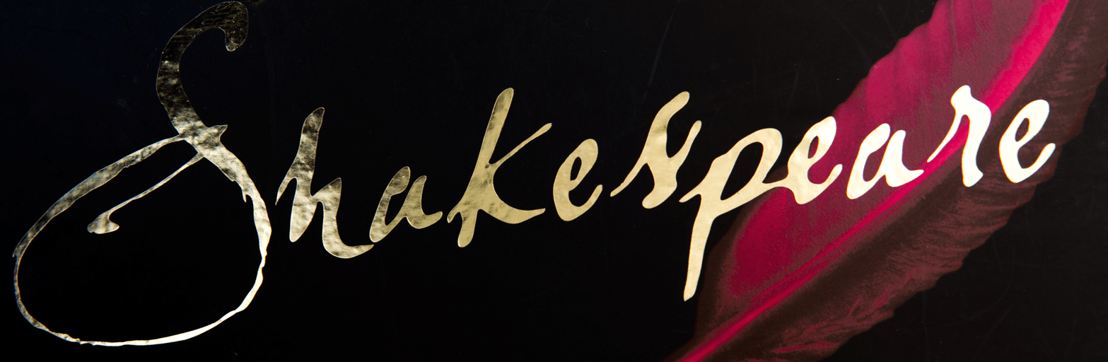red feather on a black background with shakespeare written in gold cursive