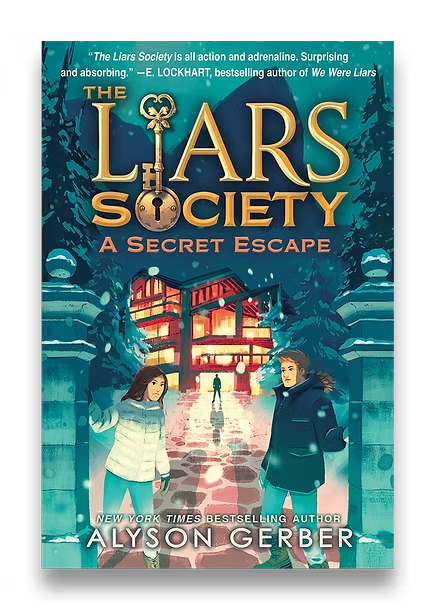 book cover of Liar's Society showing two children and a teal house and sidewalk and low lighting