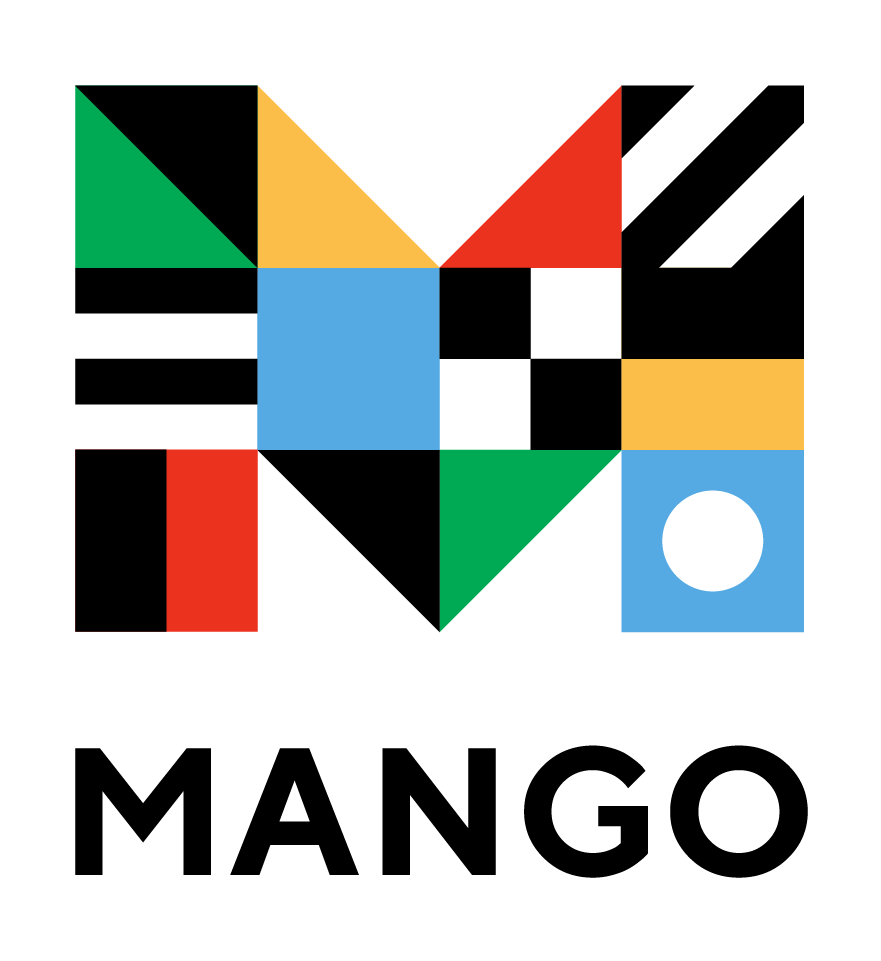 logo for mango languages, a capital M decorated with color that look like flags with the word MANGO under it 