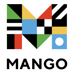 Logo multi colored capital letter M and the word Mango