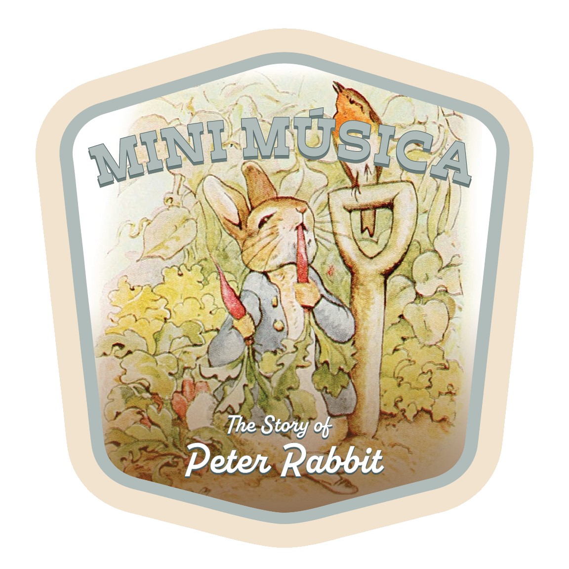 Mini Musica The Story of Peter Rabbit patch featuring Peter Rabbit eating carrots in a garden.