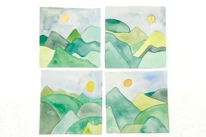 Set of four square watercolor landscapes of mountains against a sun in the sky each using the same palette of yellows, greens, and blues. 