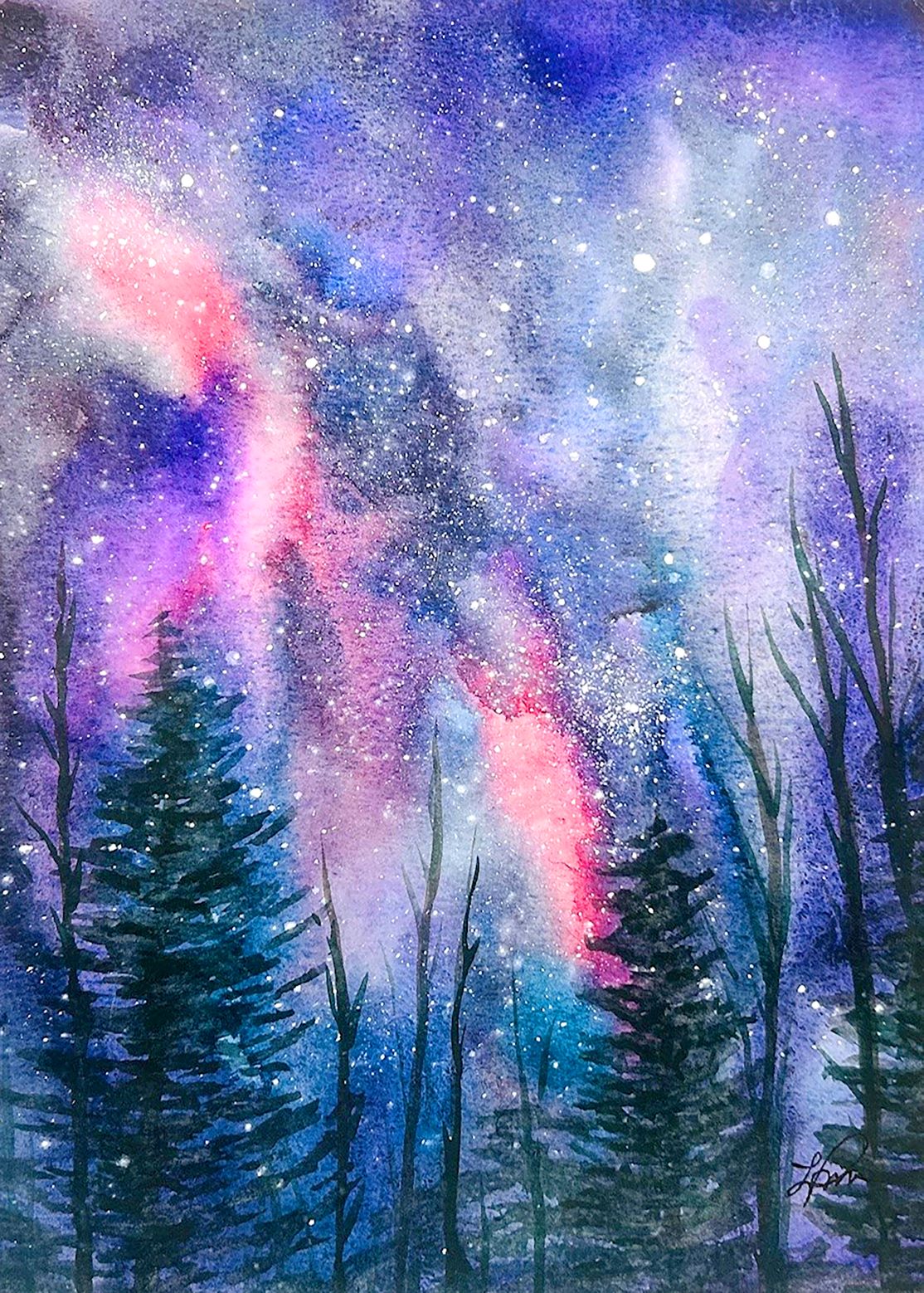 Watercolor painting of vibrant night sky rendered in purple, pink, blue, white, and grey with black trees in the foreground.