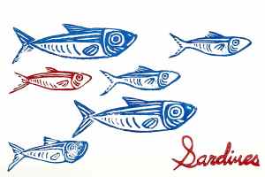 Block print of six sardines of varying sizes, five are rendered in blue ink and one in red. The work is signed "Sardines" in the bottom right corner. 
