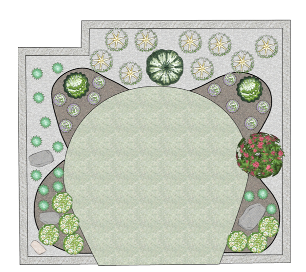 Lawn template featuring waterwise plants surrounding a round lawn area.