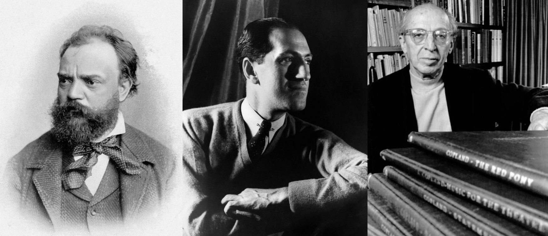 Left to right: Headshots of Antonín Dvořák, George Gershwin, and Aaron Copland.