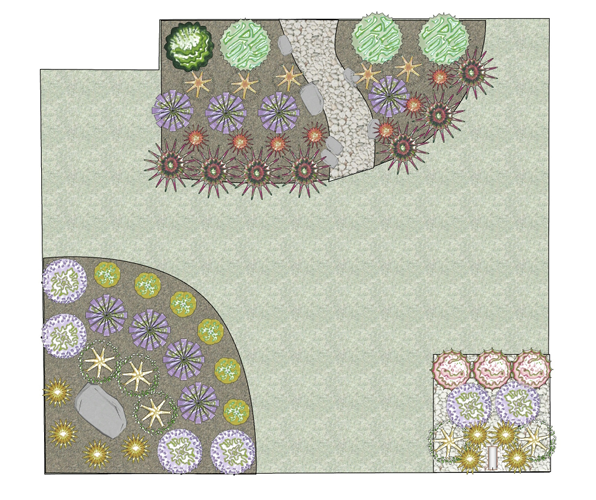 Square lawn with three areas planted with waterwise plants