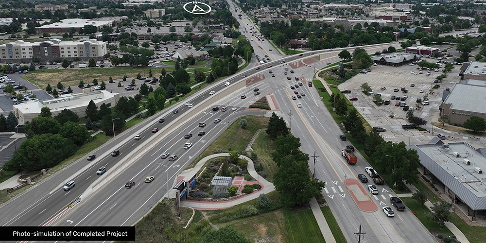 Photo-simulation of the completed CO 119 and Hover Improvements project featuring a bridge to carry traffic moving southwest over Hover St and a mid-block crossing on Hover St south of the intersection.