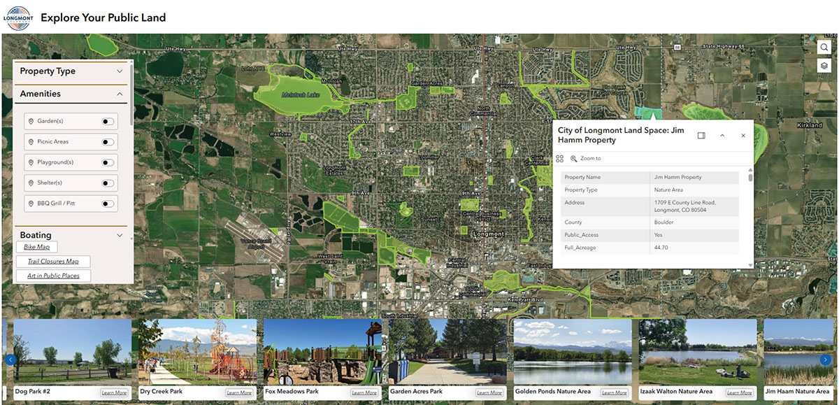 The Public Lands Map shows a map of Longmont, CO with a navigation menu at the left and thumbnail images of properties at the bottom. The actual interactive map can be found at https://experience.arcgis.com/experience/35032b1e2d834d07b4bca25dbd4b46f7