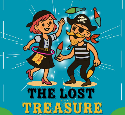 promotional cartoon image of two pirates and the title, The Lost Treasure