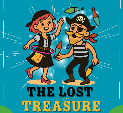 promotional cartoon image of two pirates and the title, The Lost Treasure