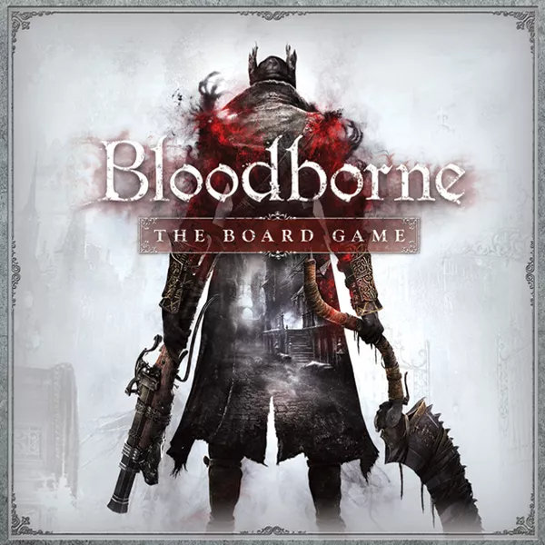 gray and red image of a shadowed action figure advertising the board game Bloodborne