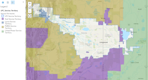 Service Territories maked for LPC Service Territory,
Xcel Service Territory,
Lyons Service Territory,
PVREA Service Territory, and United Power Service Territory.