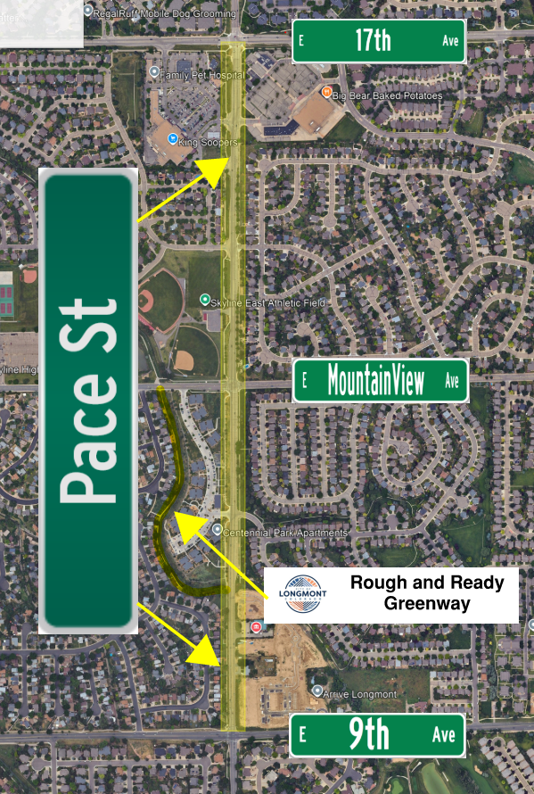 Map of the Pace St Improvements project area from 17th Ave to 9th Ave along with the Rough and Ready Greenway Trail.